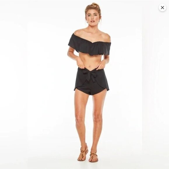 Indah Palm Tie Front Wrap Shorts in Black - Picture 1 of 14